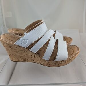 Born White and Tan Wedge Sandals with Cork Heel/ Size 7M